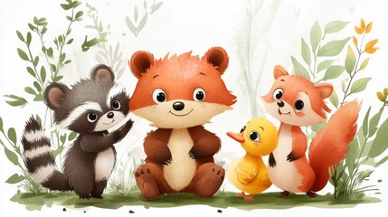 Naklejka premium Cute cartoon animals in the form of a group. illustration
