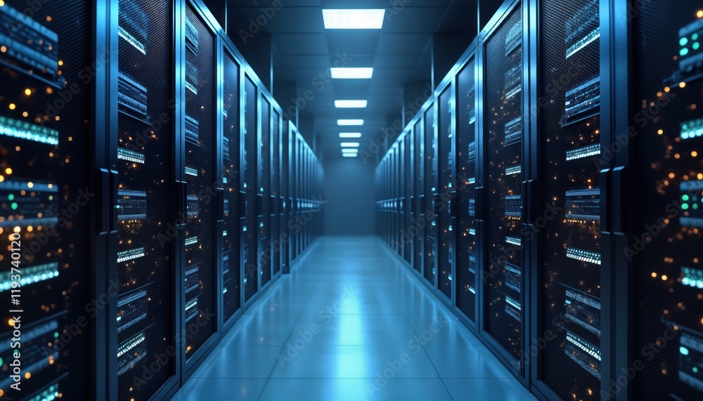 Poster Secure data warehouse interior. Rows of dark server cabinets line pathway. Modern tech facility. Blue lighting highlights advanced tech. Automated systems. Futuristic tech. Digital encryption,