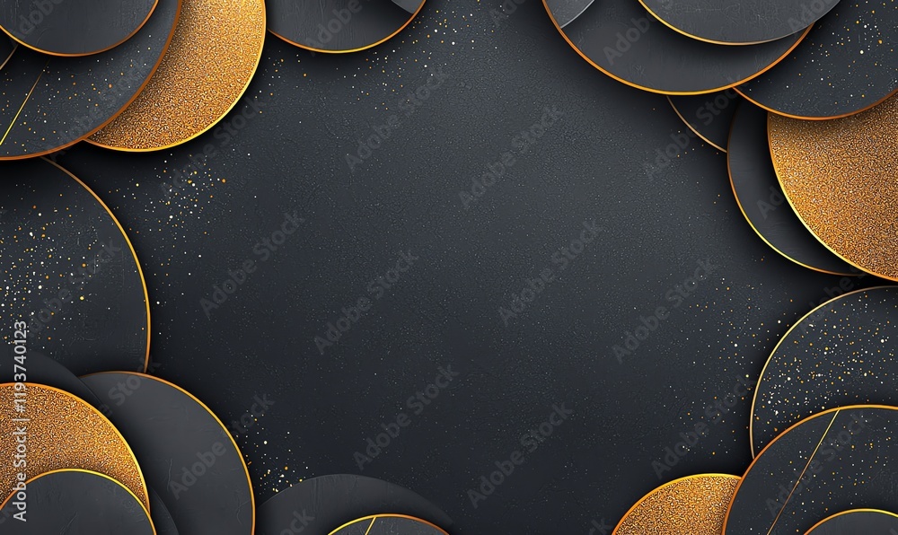 Poster abstract circular patterns with a blend of gold and black tones, creating an elegant and sophisticat