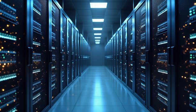 Secure data warehouse interior. Rows of dark server cabinets line pathway. Modern tech facility. Blue lighting highlights advanced tech. Automated systems. Futuristic tech. Digital encryption,