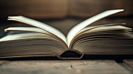 Open book resting on a wooden surface