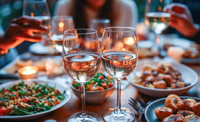 Fototapeta premium Elegant dining setting with wine glasses and delicious gourmet dishes in cozy ambiance.