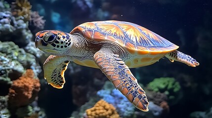 Fototapeta premium Vibrant Sea Turtle Gracefully Swimming Through a Coral Reef
