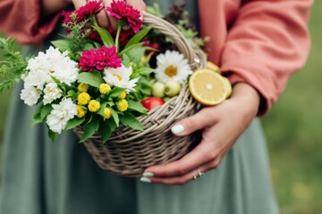 Cropped view hand of woman holding a basket of flower and vegetable