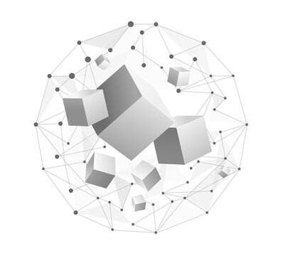 Fototapeta Problem framing discovery process abstract concept, Framing the problem using connected dots or global data and cubes that are floating inside a sphere