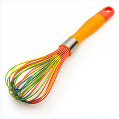 A vibrant silicone kitchen whisk with multicolored wires and an ergonomic orange handle, offering functionality with a playful design