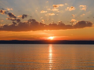 Sunset over Lake Neusiedl near Podersdorf. Part of the UNESCO World Heritage Site. Austria, Burgenland