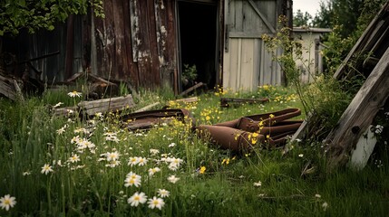 A derelict farm with a collapsed barn rusted tools scattered in the grass and wildflowers growing through the debris.
