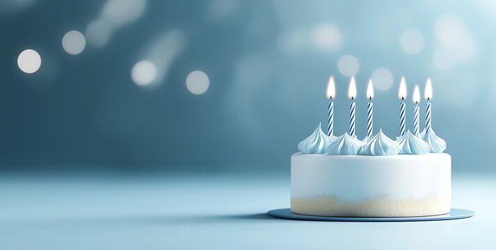 A beautifully decorated birthday cake with blue icing and lit candles set against a soft blue background, perfect for celebrations and joyous occasions.