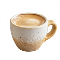 A small ceramic cappuccino cup filled with light brown coffee, placed on a clean white background, exuding warmth and rustic charm