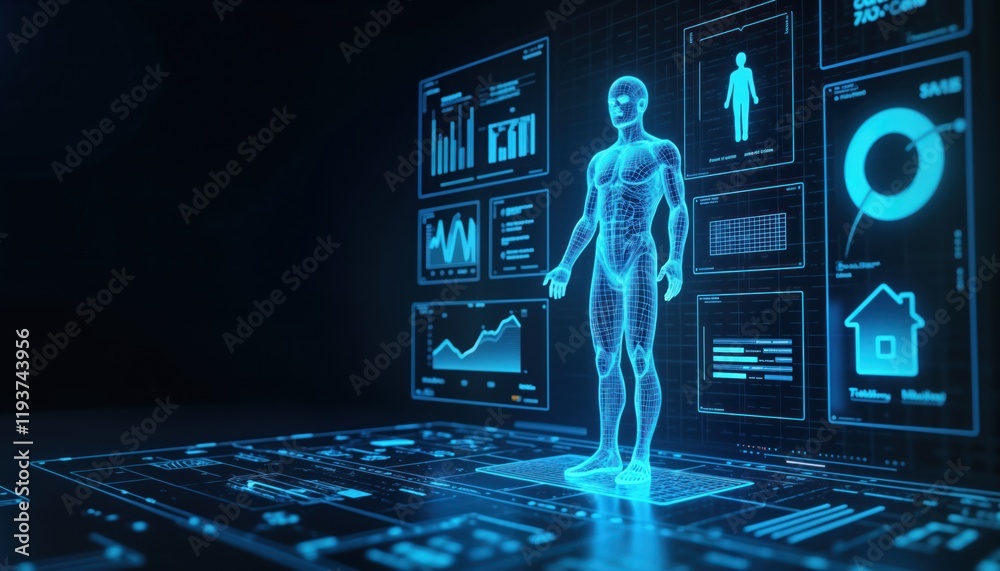 Aufkleber futuristic health tech interface displays 3d human model. data visualizations, graphs cover backgrou