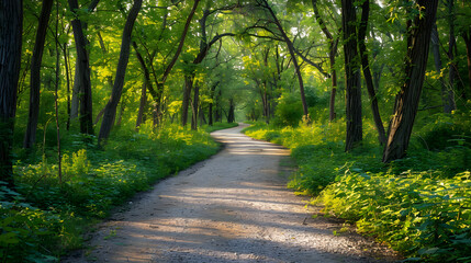 Fototapeta premium Serene Canopy: A Picturesque Hiking Trail Enveloped in Lush Greenery in Kansas City