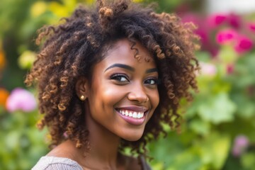 Portrait of an african-american woman with curly hair smiling in a garden.
