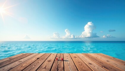 Fototapeta premium Elevated wooden platform overlooking serene blue ocean, vibrant sky , scenic, texture, seaside