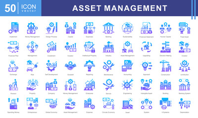 Asset Management icon collection set. Containing systematic, approach, human capital, physical objects, buildings, equipment, intangible icon.