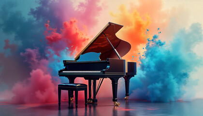 Grand piano in colorful watercolor background. Stylish black piano with opened lid. Interior room setting. Visual art. Music instrument. Art, music. Musical concert. Artistic illustration. Grand