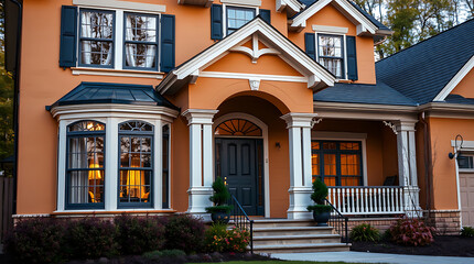 Obraz premium Luxury Suburban Home Exterior at Dusk: Elegant Architecture, Inviting Design, and Warm Lighting