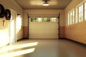 Spacious Interior of an Unused Attached Garage with White Door Leading to a Cozy Home