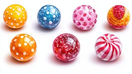 Fototapeta premium Colorful and Glossy Candy Balls in Various Bright Shades, Including Yellow, Blue, Pink, Red, and White, with Unique Patterns and Textures for Delightful Visual Appeal