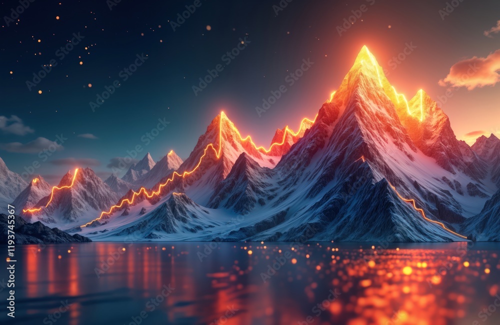 Poster mountain peaks glow with digital graph chart lines showing strong market growth. sunrise reflects on