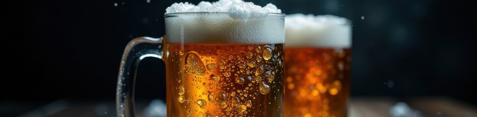 Icy condensation on a frosted pint glass of beer, dark background, alcohol, head, ale