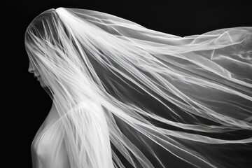 Aethereal Bridal Veil Floating Against a Dark Canvas, Capturing the Essence of Elegance and Romance in Wedding Moments