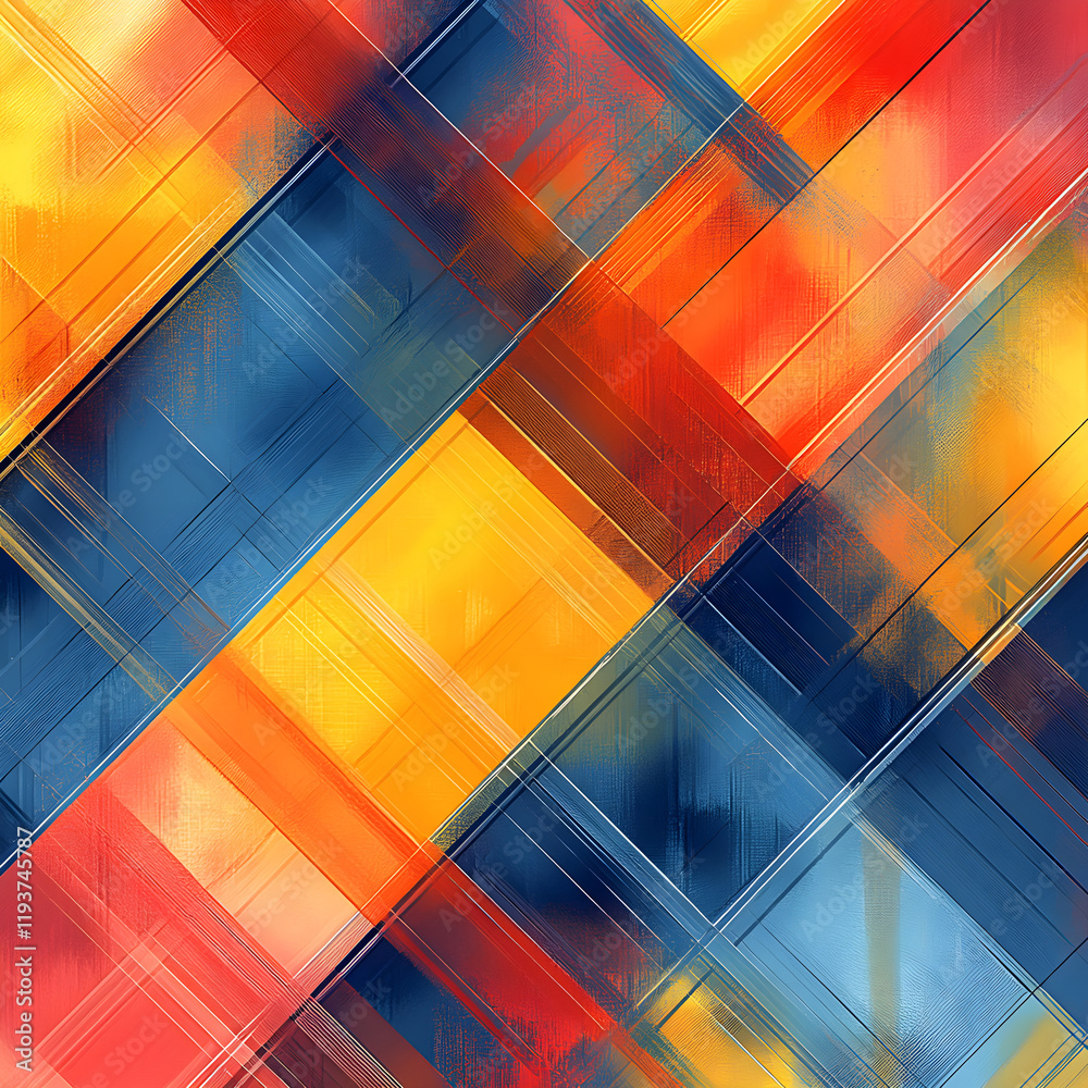 Poster Colorful abstract background with intersecting lines and brushstrokes creating dynamic composition