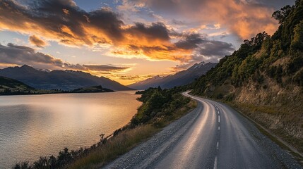 Scenic Sunset Road by Lake and Mountains