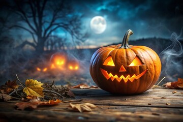 Spooky Halloween Pumpkin & Copy Space: Frightful Seasonal Greeting Stock Photo