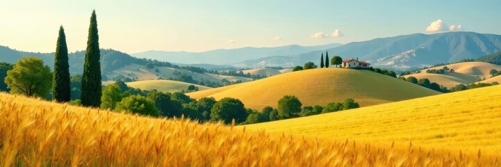 Obraz premium Rolling hills with cypress trees and golden wheat fields, landscape, Italy, summer
