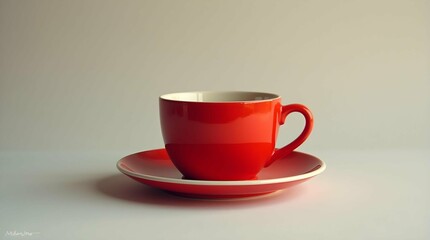  vibrant red coffee cup and saucer sit against a clean, neutral background, creating a simple yet striking still life image.