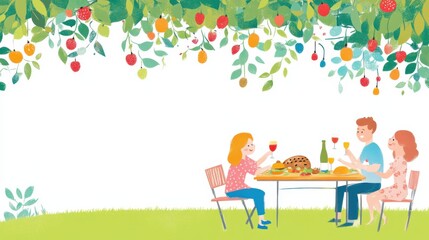 Cheerful Outdoor Gathering with Friends, Enjoying a Delicious Feast Under a Bountiful Tree Canopy Filled with Fruits and Lively Decorations in a Sunny Setting