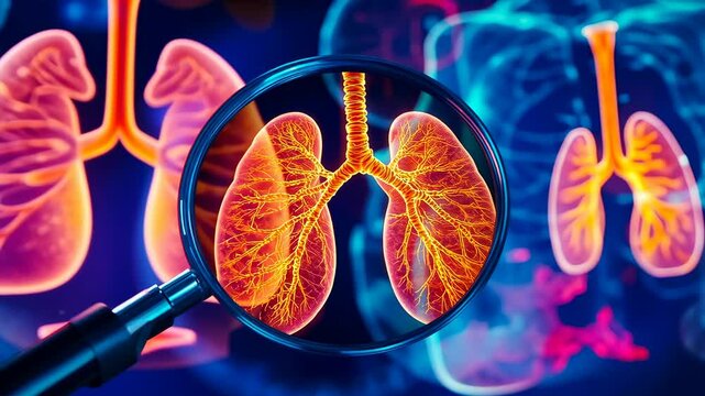 Hand holds magnifying glass examining vivid digital image lungs.Enhancement reveals respiratory system anatomy detail.Illustration assists understanding human pulmonary functions.Visual aids promote