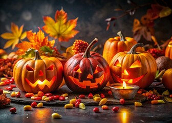Fototapeta premium Spooky Halloween Still Life: Jack-o'-lanterns, Autumn Leaves & Candy Corn on Cracked Surface with Bokeh