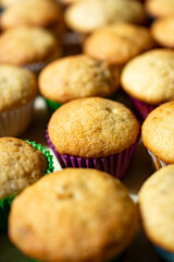 Rows and rows of mini banana muffins on a kitchen table