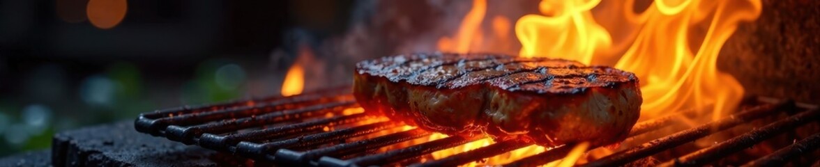 Sizzling steak on a blazing grill with flames licking its edges, flavorful, sizzling steak, outdoor cooking