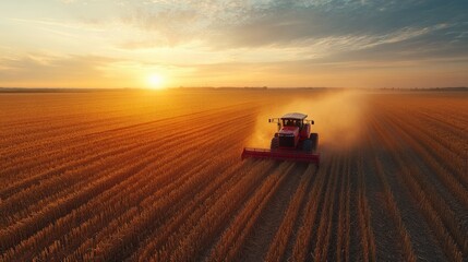 Fototapeta premium Golden Sunset Over Agricultural Field with Tractor Harvesting Crops, Dust Cloud Rising in the Warm Evening Light of Summer's End