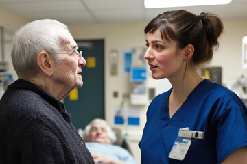 Obraz premium A nurse engages in a warm conversation with an elderly patient, offering comfort and care during a visit in a hospital setting. The atmosphere feels reassuring and supportive
