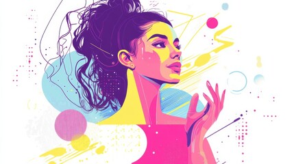 Colorful and Vibrant Portrait of a Young Woman with Stylish Hair and Artistic Digital Elements, Emphasizing Expression and Modern Aesthetic Touches