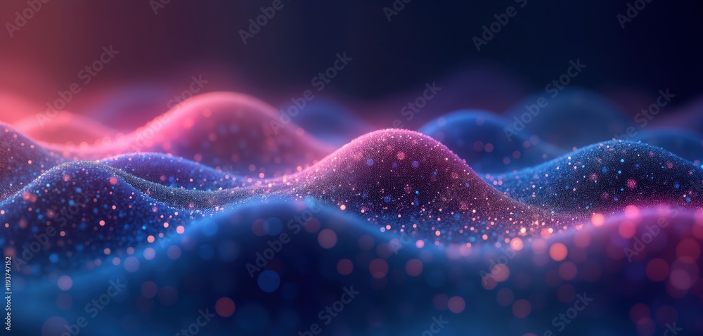 Poster Abstract gradient background with wavy dotted patterns in blue, purple. Dynamic flowing design. Vibrant colours create modern aesthetic. Stylish, sleek. Perfect for digital designs, wallpapers,