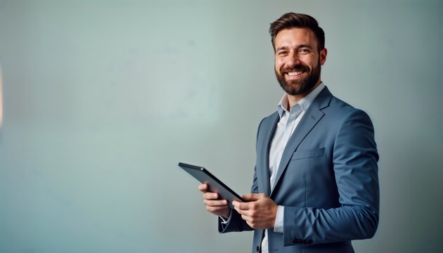 Confident man in suit holds tablet. Smiling pro agent stands against light background. Business person, tech savvy insurance sales person. Modern office worker. Commercial, company, personal photo.