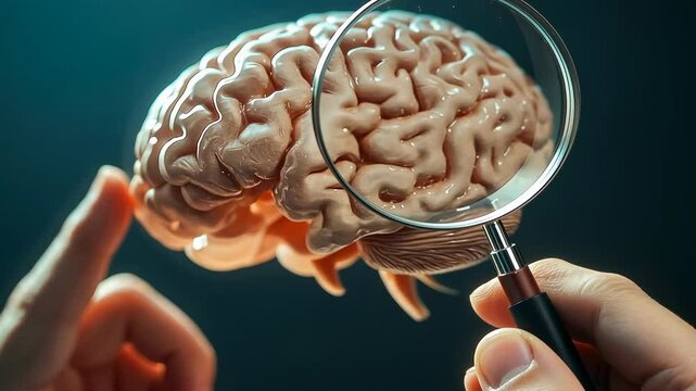 Hand magnifies human brain model.Finger points neural structures.Research shows cognition correlations.Magnifier focuses cerebral details.Study explores human brain.