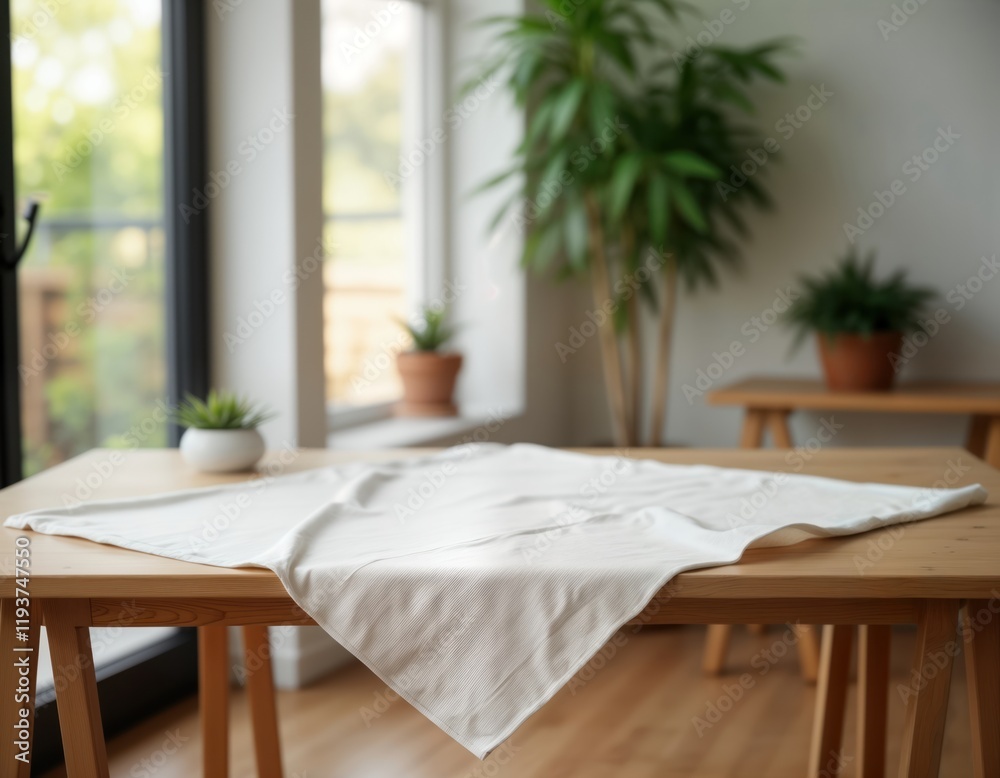 Aufkleber empty white tablecloth on light brown wooden table. natural light illuminates simple setting. blank 