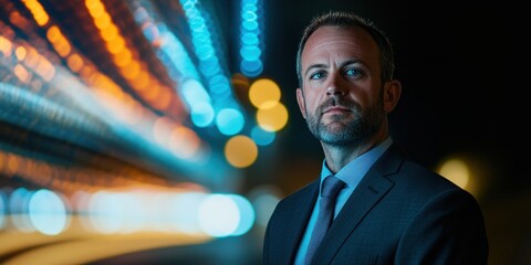 Dynamic business portrait of a professional with light trails background urban environment conceptual visuals