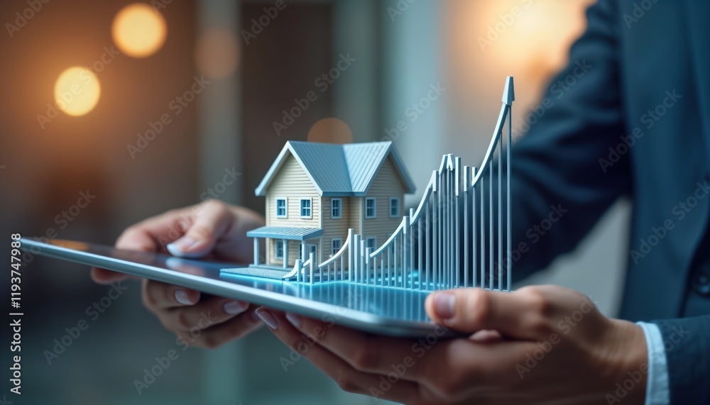 Aufkleber Person holds tablet displaying 3D model of house, rising graph. Digital tech for real estate market analysis. Future trends. Investment potential. Property value increase shown by chart. Business