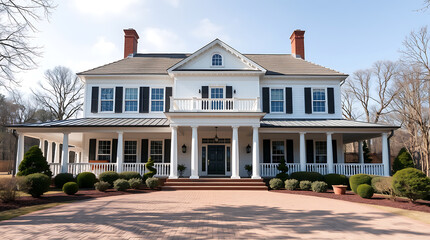Magnificent White Mansion: Classic Architecture, Elegant Exterior, and Lush Landscaping. A Dream Home in a Picturesque Setting