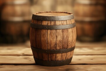 Vintage Wooden Barrel with Soft Focus Background in a Rustic Winery Setting