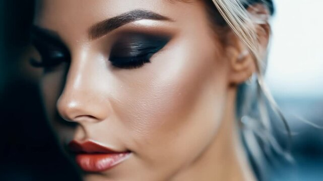 Professional makeup artist applying dark eyeshadow on eyelids of model with perfect skin, creating a dramatic smokey eye look for a special occasion