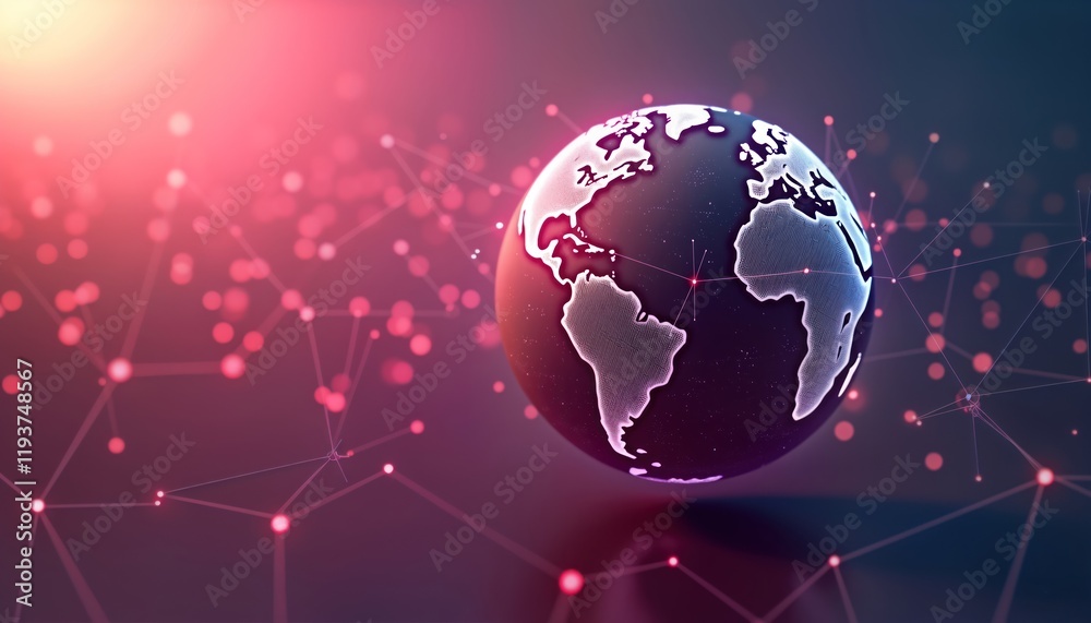 Aufkleber Global illustration shows earth with highlighted continents. Modern design. Connected lines create digital network effect on abstract pink, purple gradient background. Image evokes global