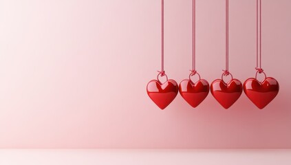 a Valentine's Day background with hanging red heart decorations on a light pink color backdrop Love concept for a Happy Valentine's Day banner template design Generative AI